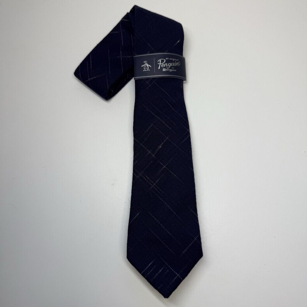 Original Penguin Linen Cotton Blend Stripe Navy Blue Skinny Neck Tie New